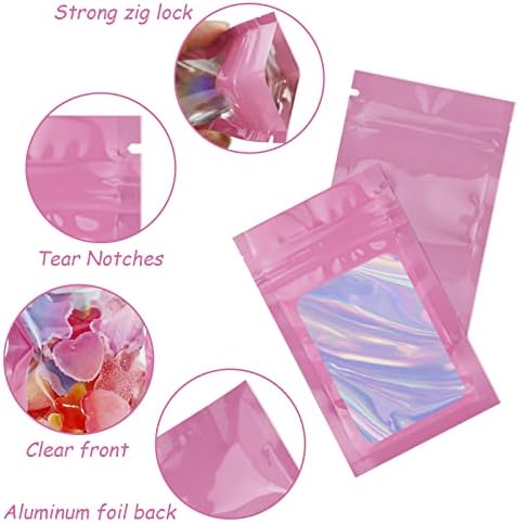 100 PCS Mylar Bags, Resealable Stand Up Pouch Foil Holographic Bags, Smell Proof Baggies Sample Bags for Spice, Food, Flour, Sweets Packaging, Heat Seal Bags (Pink, 2.4 * 3.9inch)