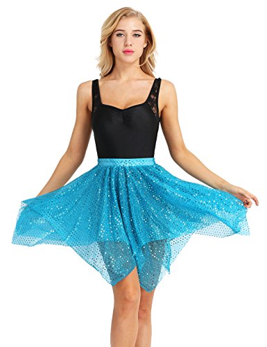 Yeahdor Women's Glitter Sequins Polka Dots Latin Ballet Dance Dress Asymmetric Wrap Over Scarf Tutu Skirt Sky Blue One Size #TOP15