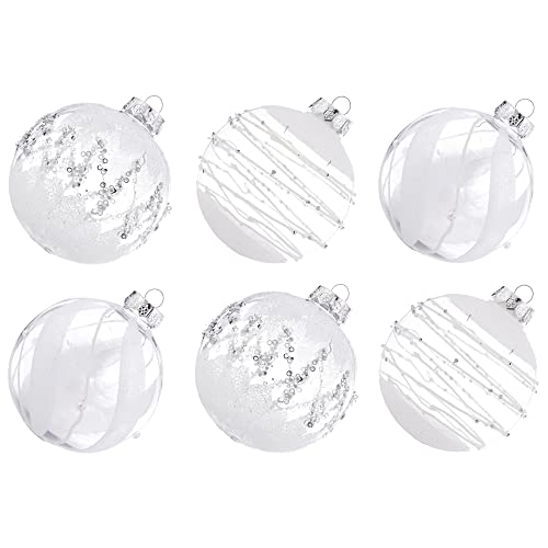 XmasExp Shatterproof Clear Plastic Christmas Ball Ornaments 100mm/3.94" 6pcs Christmas Decorations Decorative Xmas Balls Baubles Set with Stuffed Delicate Decorations (Snow White, 100mm/3.94")