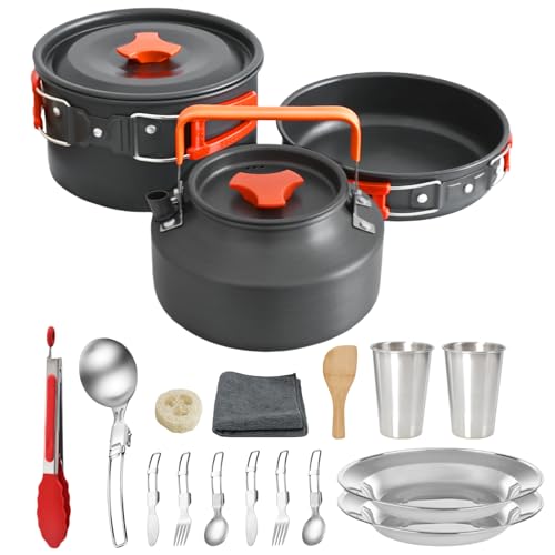 JUSFANE 18Pcs Camping Cookware Mess Kit, Non-Stick Lightweight Camping Pots and Pans with 1.1L Kettle, 2 Set Stainless Steel Cups Plates Forks Knives Spoons for Backpacking, Hiking, Outdoor Cooking