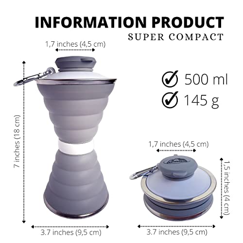 Collapsible Water Bottles For Travel 500 Ml, Foldable Sports Water Bottles, Small Silicone Reusable Portable Water Bottle 17 Oz, Collapsible Water Cups For Sports Hiking Running, Bpa Free, Gray #TOP1
