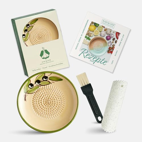 Evergrate® Keramikreibe Olivia mit Geschenkbox – mit Reibe, Knoblauchschäler, Rezeptheft & Pinsel – Handgefertigt für Ingwer, Knoblauch & mehr – Spülmaschinenfest & langlebig