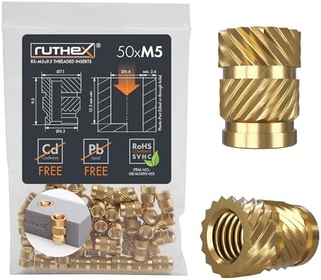 ruthex M5 Threaded Inserts - 50 Pieces RX-M5x9.5 Brass Heat Set Insert for Plastic Parts - Metric knurled Nuts - Insert by Heat into 3D Printing Components