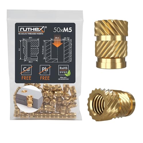 ruthex M5 Threaded Inserts - 50 Pieces RX-M5x9.5 Brass Heat Set Insert for Plastic Parts - Metric knurled Nuts - Insert by Heat into 3D Printing Components