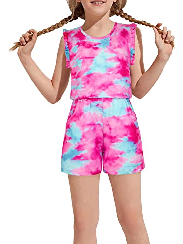 Girls Tie Dye Rompers Size 8 9 Ruffle Sleeve Jumpsuits Shorts Round Neck Elastic Waist One Piece Summer Outfits With Pockets #TOP2