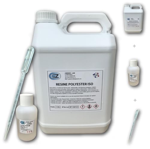 Résine polyester iso 5 kg + Catalyseur 100 gr + Pipette de dosage.