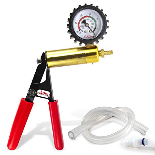 LeLuv Ultima Red Vacuum Pump - Aluminum Alloy &amp; Brass Handle Manual Hand Vacuum (0-30 Hg, 0-760 mmHg), Gauge Installed with Protective Rubber Cover, Rubber Padded Grips with Clear Hose &amp; Fitting