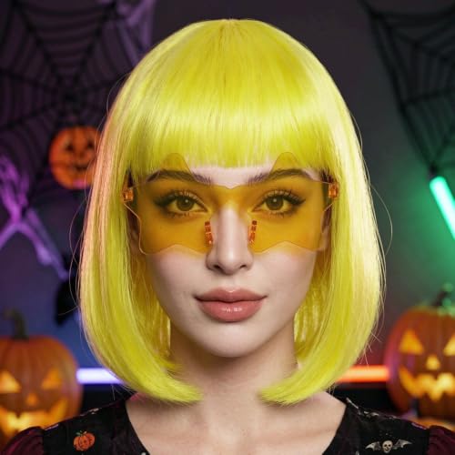 Image of ANOGOL Yellow Bob Wig with Bangs Short Yellow Wigs for Women Funny Costume