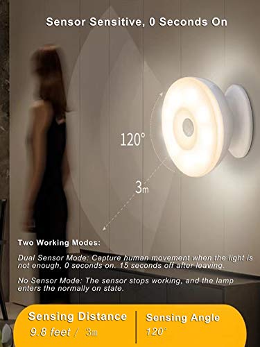 SPTECH USB Charging Motion Sensor Night Lights, 360 ° Rotating Mobile LED Stairs Light Closet Lights, Stick Anywhere You Need It, Wall Lights for Hallway Bathroom Bedroom Kitchen, 2Pack (Warm White)