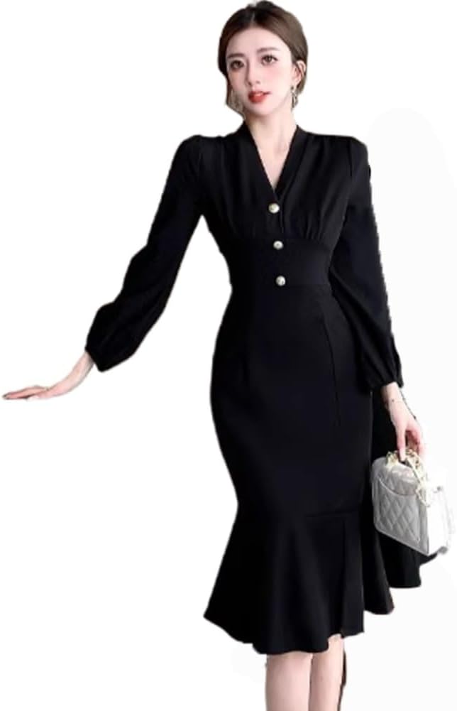 Korean Spring French Temperament Black Fishtail Dress for Women