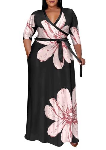 Image of Runwind Plus Size Maxi Dress for Curvy Women Flowy Wrap with Pockets
