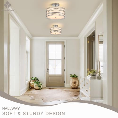 YOMECOO 12.2" Semi Flush Mount Ceiling Light, Chrome Drum Light Fixture with White Linen Fabric Shade, 2-Light Modern Farmhouse Close to Ceiling Lights for Bedroom, Hallway, Entryway, Dining Room by YOMECOO - Used condition - Image 6