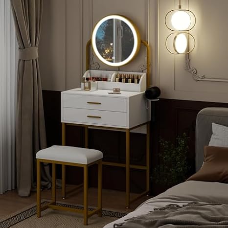 Makeup Table with Flip Top Mirror and Removable Storage Padded Seat Stool Led Smart Glass Dressing Table Chair Set,Compact White and Gold Vanity Table with Lighted Mirror Modern Dressing Tab