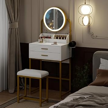 Makeup Table with Flip Top Mirror and Removable Storage Padded Seat Stool Led Smart Glass Dressing Table Chair Set,Compact White and Gold Vanity Table with Lighted Mirror Modern Dressing Tab