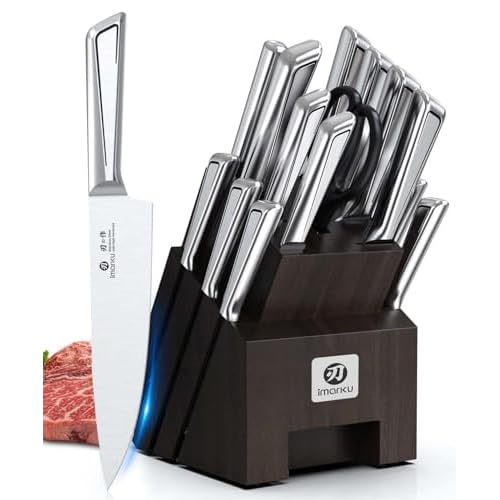 imarku Knife Set 16 pcs, Razor-Sharp Knives Set for Kitchen High Carbon Stainless Steel Kitchen Knife Set with Block and Sharpener, Knife Block Set Di