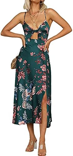 Fashionme Women Spaghetti Strap Midi Satin Dresses Tie Front Backless Split Summer Casual Floral Dress Hollow Flowy Slip Dress Sundress Wedding Guest Beach Cocktail Graduation Dark Green