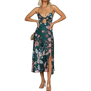 Fashionme Women Spaghetti Strap Midi Satin Dresses Tie Front Backless Split Summer Casual Floral Hollow Flowy Slip Sundress Wedding Guest Beach Cocktail Graduation Dark Green