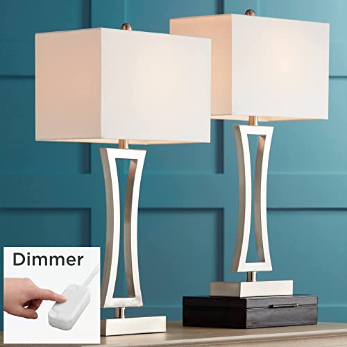 360 Lighting Roxie Modern Table Lamps Set Of 2 31" Tall With Dimmers Brushed Nickel Off White Fabric Rectangular Shade For Bedroom Living Room House Bedside Nightstand Home Office Entryway #TOP1