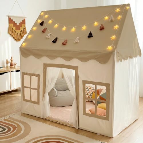 Play Tent with Mat, Star Light Large Kids Playhouse with Windows Easy to Wash, Indoor and Outdoor Play Tents for Kids, Little Dove Toys for Girls, Boys, 52x35x52 (Brown Playhouse, Large Size)
