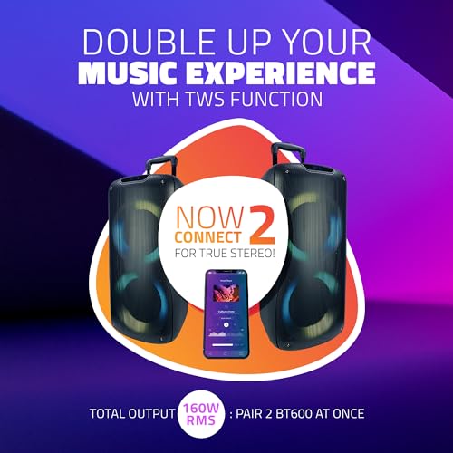 Image of Artis BT600 Wireless Bluetooth Trolley Speaker with 7 Colours LED Lights, 2 Wireless Mic, Remote Control, FM Radio & Aux in /USB /TF Card Reader Input (80W RMS Output)