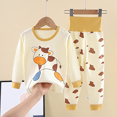 Pijamas macios para bebês e meninas com estampa de desenhos animados e cintura alta e manga comprida