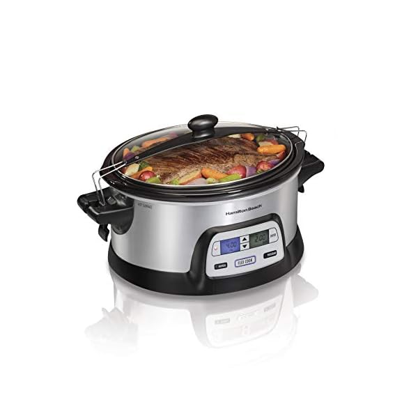 Hamilton Beach 33861 Portable Programmable Slow Cooker, Dishwasher Safe Crock, 6 Qt, FlexCook Dual Digital Timer/2 Heat Settings, Lid Lock for Easy Travel, Silver