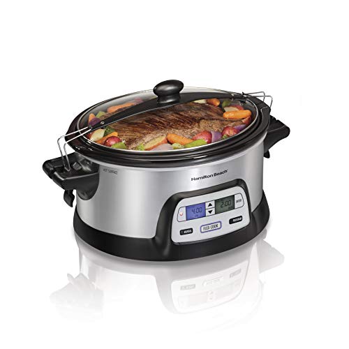 Hamilton Beach 33861 Portable Programmable Slow Cooker, Dishwasher Safe Crock, 6 Qt, FlexCook Dual Digital Timer/2 Heat Settings, Lid Lock for Easy Travel, Silver by Hamilton Beach - Used condition - US$67.16