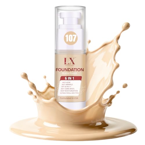 Image of LXSKN 6-in-1 Makeup Foundation Infused with 1% Hyaluronic Acid- Matte + Poreless Liquid Foundation For A Glowing & Soft-Focus Look, Suitable for All Skin Types, 107 Light