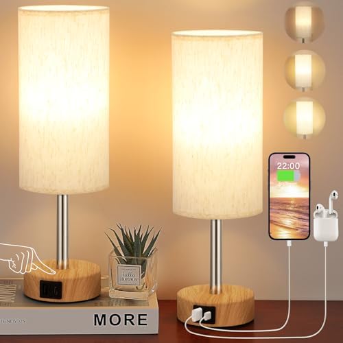 Touch Control Bedside Lamp With USB C/A Charging & 2 AC Outlets - 3-Way Dimmable Nightstand Light With Fabric Shade - View #3