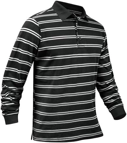 TAPULCO Stylish Cotton Long Sleeve Striped Polo Shirts for Men Midweight Skin-Friendly Casual Wear Rugby Shirts Office Black White X-Large