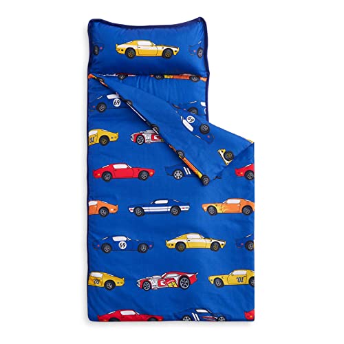 Image of Wake In Cloud - Toddler Nap Mat with Pillow and Blanket, for Kids Boys Ages 3 Plus in Kindergarten Daycare Preschool, Roll Up Sleeping Bag, Race Cars Vehicles