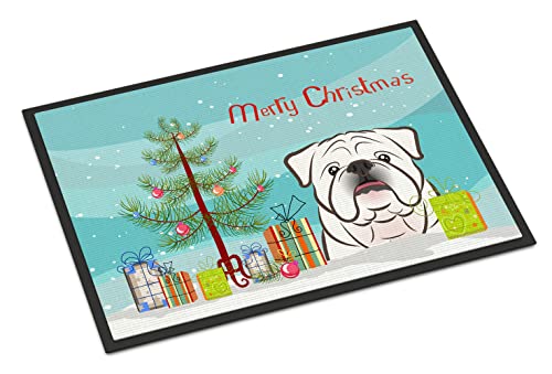 Caroline's Treasures BB1592JMAT Christmas Tree and White English Bulldog Doormat 24x36 Front Door Mat Indoor Outdoor Rugs for Entryway, Non Slip Washable Low Pile, 24H X 36W
