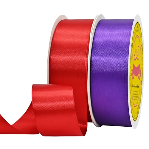 Image of 100 Yards Red Purple Satin Ribbon Polyester Ribbon for Gift Wrapping Very Suitable for Weddings Party Hair Bow Invitation Decorations and More（1-1 /2 inch X 50Yards X 2 Roll）