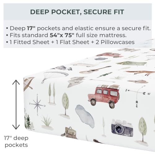 Image of Pobibaby Premium Twin Full Sheets Sets, Kids Double Bed Sheets in Cotton Blend | Ultra-Soft Woodland Camping Print with Fitted Sheet, Flat Sheet & Pillowcases (Full Explore)