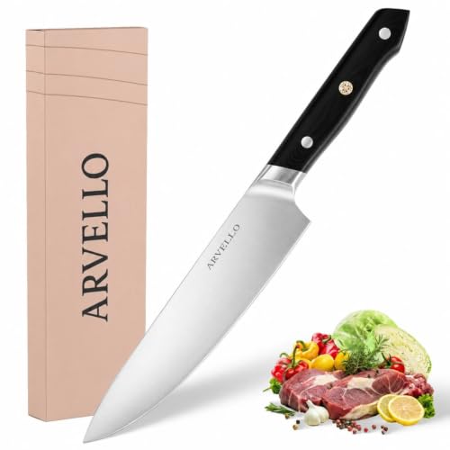 ARVELLO 8-inch Chef Knife- Full Tang- German High Carbon Stainless Steel- G10 Handle with Three Rivet, Multipurpose Kitchen Knife