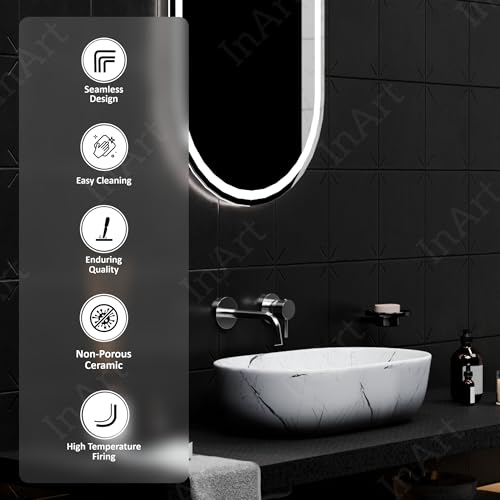 Image of InArt Table Top Wash Basin For Bathroom | Over Counter Top Wash Basin For Living Room | Washbasin Countertop | Tabletop Ceramic Bathroom Kitchen Sink (55 x 35 x 14 CM) (White - Marble Design)