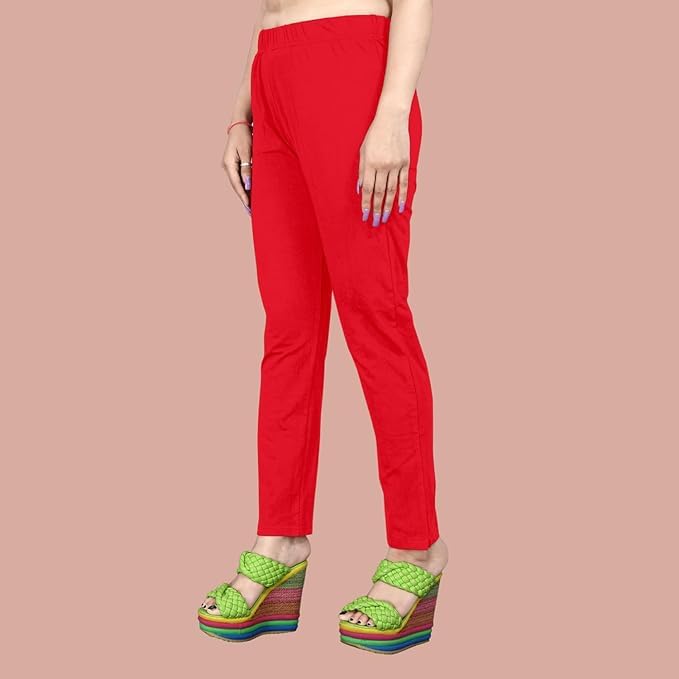 Image of Women's Solid Cotton Lycra Pants-High Waist Slim Fit Stretchable Leggings - Comfortable Long Trousers for Casual, Office & Everyday Wear