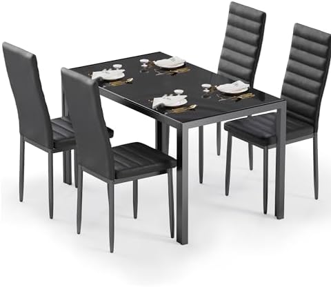 Ensemble Table De Salle à Manger 5 Pièces - Plateau Verre & Chaises Cuir Noir - Pour Petits Espaces