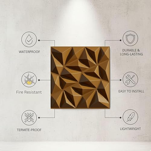 Image of Kayra Decor 3D PVC Wall Panels - Diamond Design, Brushed Gold Color, 19.7 inch x 19.7 inch (Pack of 12) | Covers 32.28 Sq. Ft. |