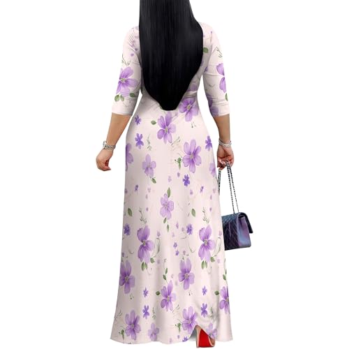 Image of PinkPatty Plus Size Maxi Dress for Women Casual V Neck 3 /4 Sleeve Boho Printed Long Dress with Pockets