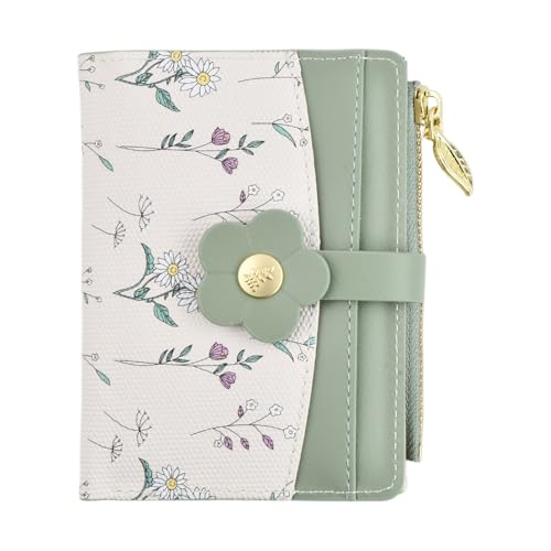 Kaslaider Portefeuille Femme Vert & Blanc, Porte Monnaie Femme avec 5 Emplacements Cartes 1 Slot Photo 1 Compartiment Billets 1 Pochette Monnaie Zippée, Porte-Cartes Motif Fleurs PU Cuir