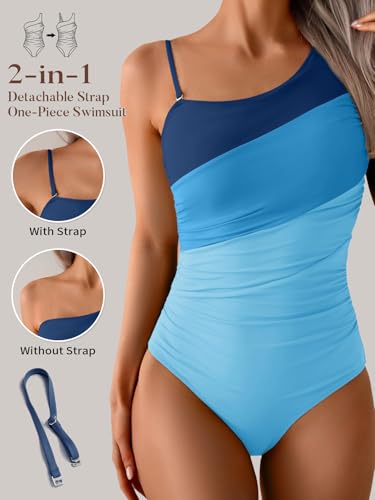 Image of Aidonger One Shoulder One Piece Swimsuit for Women Tummy Control Bathing Suits Color Block Ruched Swim Suit Slimming Swimwear