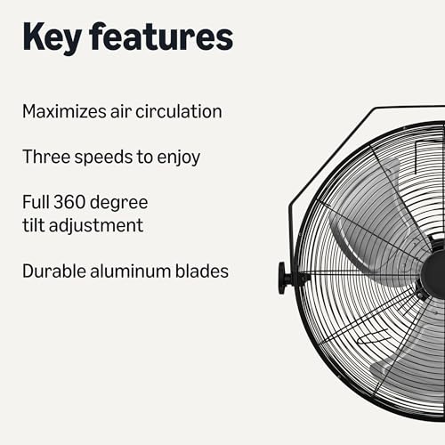 Amazon Basics 45.7cm Indoor Wall-Mounted Fan, Industrial Fan, With Tilt Head, Heavy-Duty Metal Blades, 3 Speeds Up to 1550 RPM and 3781 CFM, For Warehouse, Basement, Commercial Space, Black by Amazon Basics - Image 2