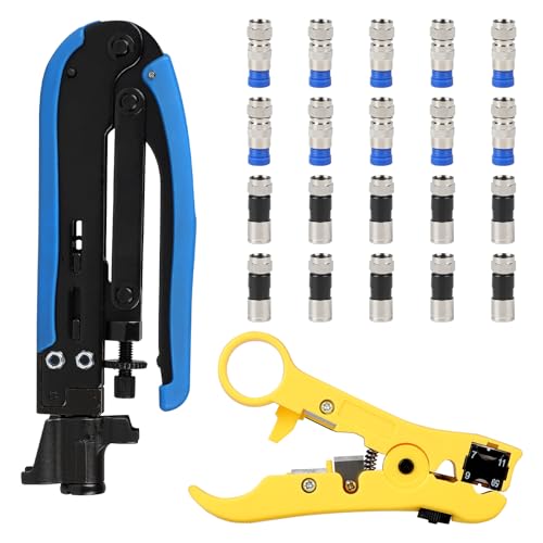 Set de pinzas de compresión, herramienta de desforrado para cables coaxiales, pinza de crimpado y herramienta de desforrado G6 RG59 RG7 RG11, con 20 conectores de compresión F