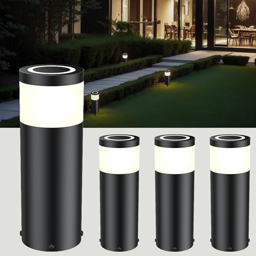 JNR 4 Pack Edelstahl Wegeleuchten Außen mit Erdspieß IP65 Wasserdicht, 230V Höhe 290 mm inkl 5w 3000k warmweiß LED, Gartenbeleuchtung, Gartenlampen, Gartenleuchten, Wegleuchte, Sockelleuchte