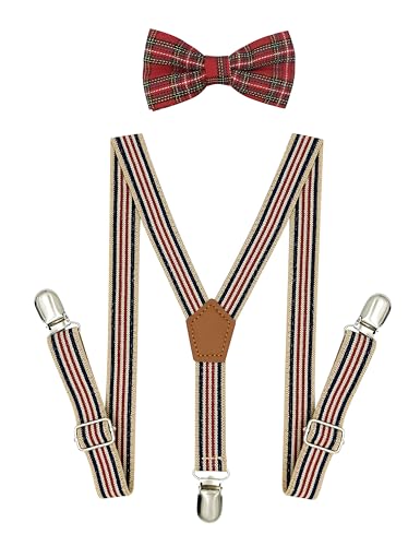 BEWDIO Stripe Baby Suspenders and Bow Tie Set, Plaid Bowtie and Suspenders with 4 Strong Metal Clips (4-08-1)