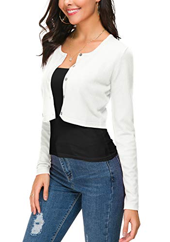 Women's Cropped Bolero Cardigan Button Down O-Neck Knitted Shrug Sweaters (L, White) #TOP3