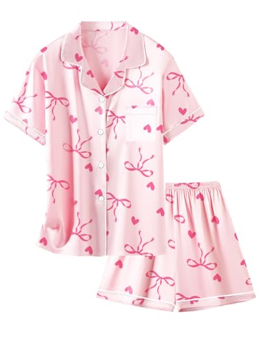 Image of Schbbbta Girls Womens Pajamas, Satin Silky Pjs Set Kids 2Pcs Button-Down Nightwear Sleepwear Gift for Mommy and me