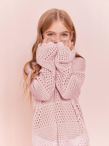 Image of Batermoon Girls Crochet Long Sleeve Swimsuit Cover Up Kids Fashion Hollow Out Swimwear Beach Dress 5-14 Years