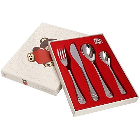 Brillibrum Design Children's Cutlery Set of 4 Stainless Steel Dishwasher Safe with Name Cutlery with Motifs Children's Cutlery Set (Engraving up to 10 Characters, Bears) Cover